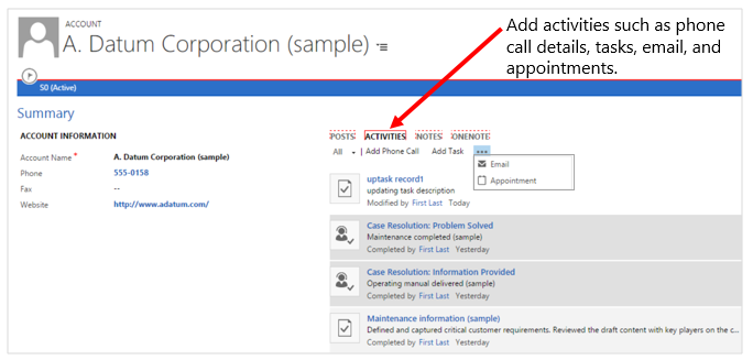 Dynamics 365 Customer Engagement (on-premises)에서 활동 추가.