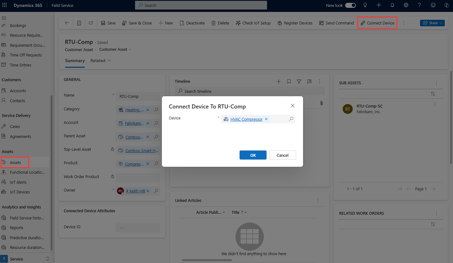 Field Service 자산 레코드의 장치 연결 대화 스크린샷