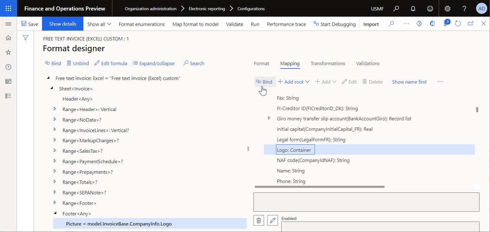 ER Operations Designer의 model.InvoiceBase.CompanyInfo.Logo 데이터 소스 필드와 결합된 그림 형식 요소입니다.