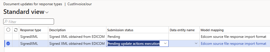 Screenshot of the setup of the response type for the Customer Invoice journal table name on the Document updates for response types page.