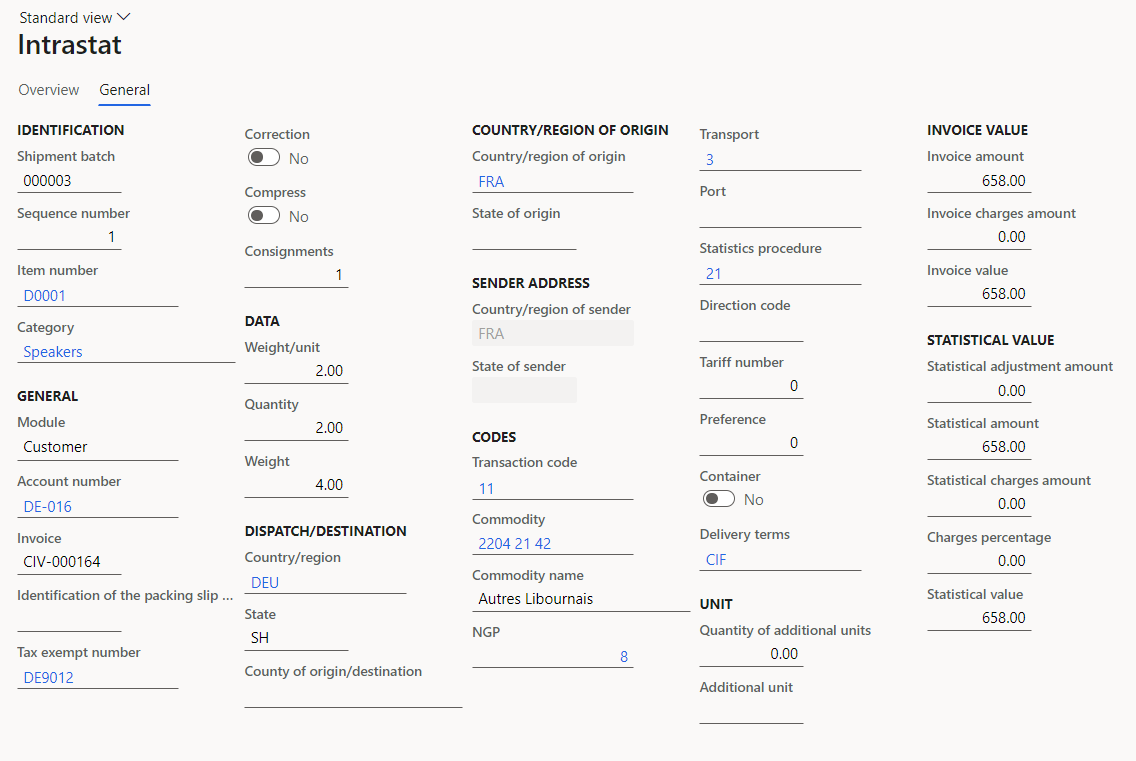 Sales order details on the General tab of the Intrastat page.