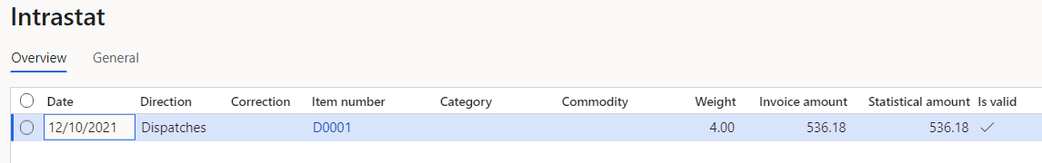 Line that represents the transfer order on the Intrastat page