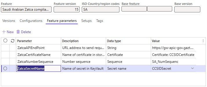 Screenshot that shows the Feature parameters tab configured for the Globalization feature for Saudi Arabia.