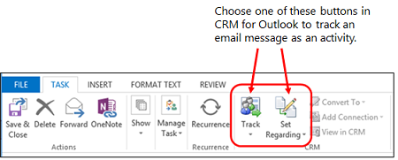 Dynamics 365 for Outlook 리본의 추적 버튼.