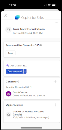 Copilot for Sales can be opened when reading emails in mobile Outlook.