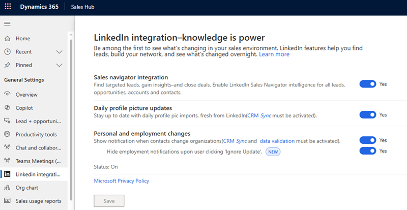 Screenshot of enabling the LinkedIn Sales Navigation options.