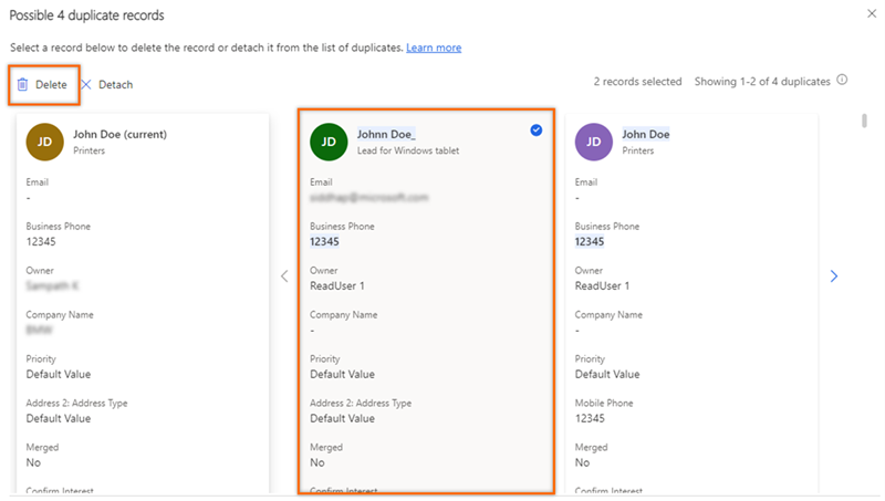 삭제할 중복 잠재 고객을 선택하는 스크린샷.