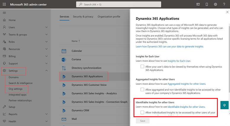 Dynamics 365 앱 동의 양식이 표시된 Microsoft 365 관리 센터 조직 설정의 스크린샷.