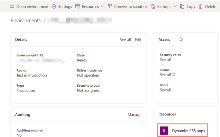 Dynamics 365 앱 리소스 선택.