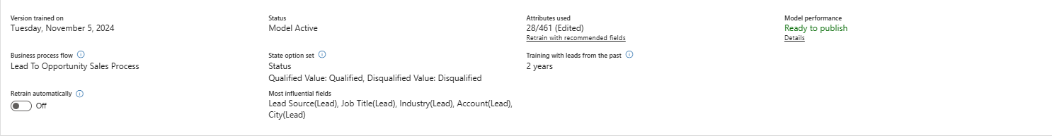 잠재 고객 점수 모델의 버전 세부 정보 스크린샷.