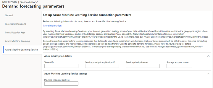 수요 예측 매개 변수 페이지의 Azure Machine Learning Service 탭에 있는 매개 변수.