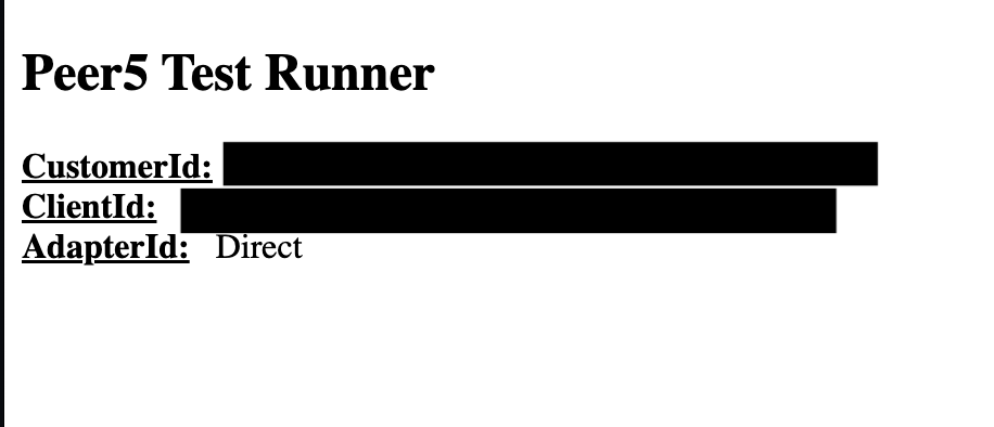 Test Runner 웹 페이지의 이미지; 에는 고객 ID, 클라이언트 ID 및 어댑터 ID가 포함되며, 이 값은 블랙아웃됩니다.