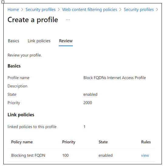 전역 보안 액세스, 보안 프로필, 블록 FQDN 정책 검토 스크린샷.