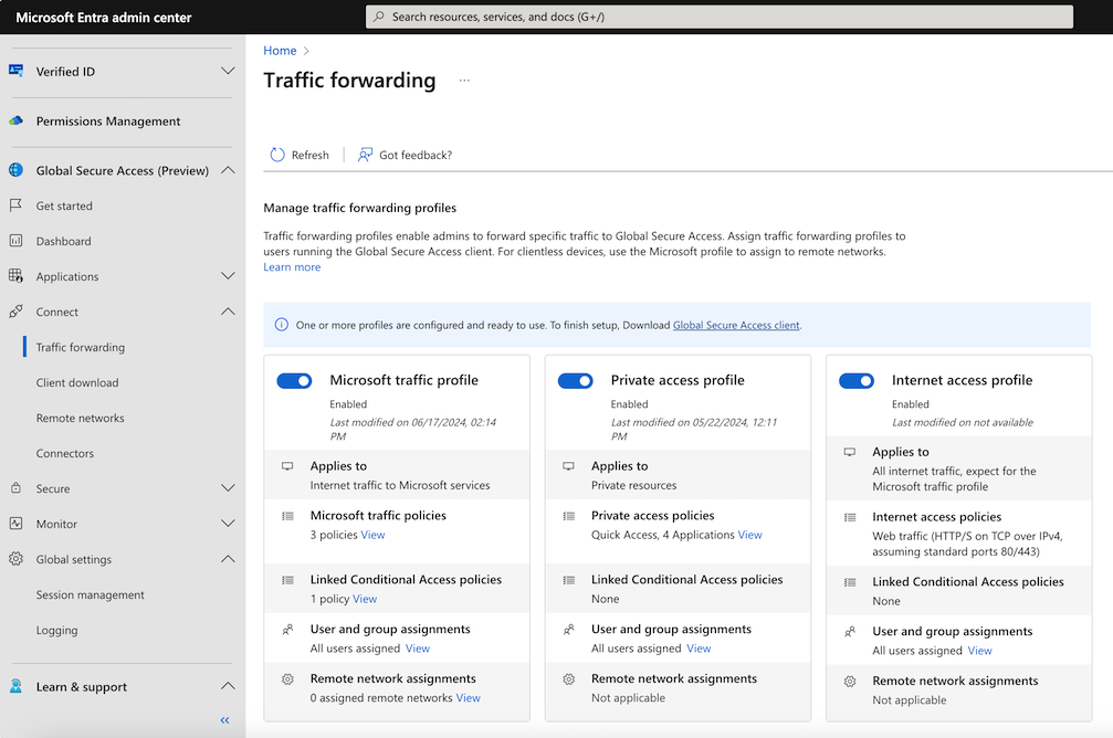 Microsoft Traffic 및 프라이빗 액세스 프로필을 사용하도록 설정하는 방법을 보여 주는 다이어그램.