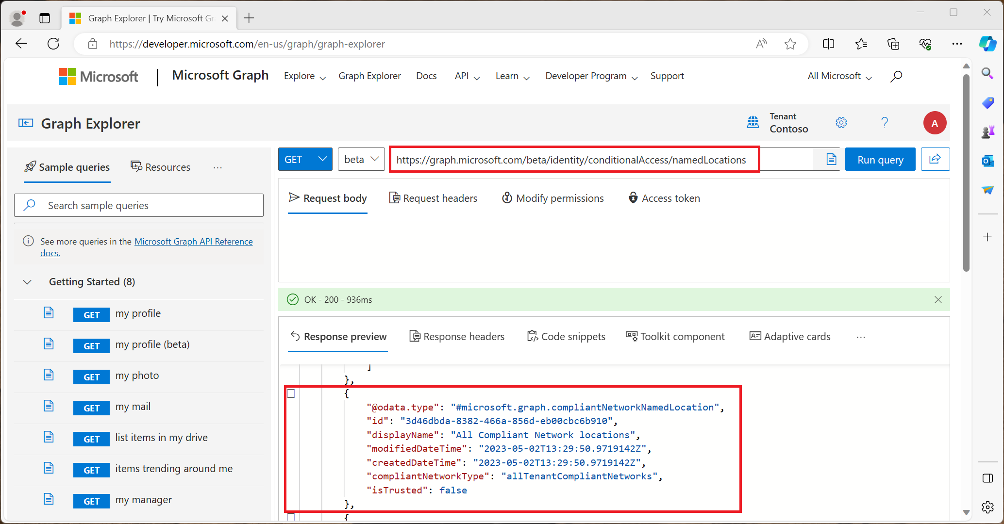 쿼리의 Graph Explorer 결과를 보여 주는 스크린샷