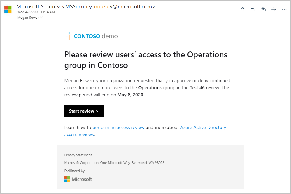 그룹에 대한 액세스를 검토하도록 Microsoft에서 보낸 이메일의 예 스크린샷