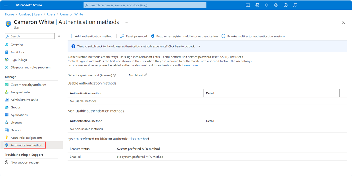 전화번호가 입력된 인증 방법을 보여 주는 Microsoft Entra 관리 센터의 스크린샷