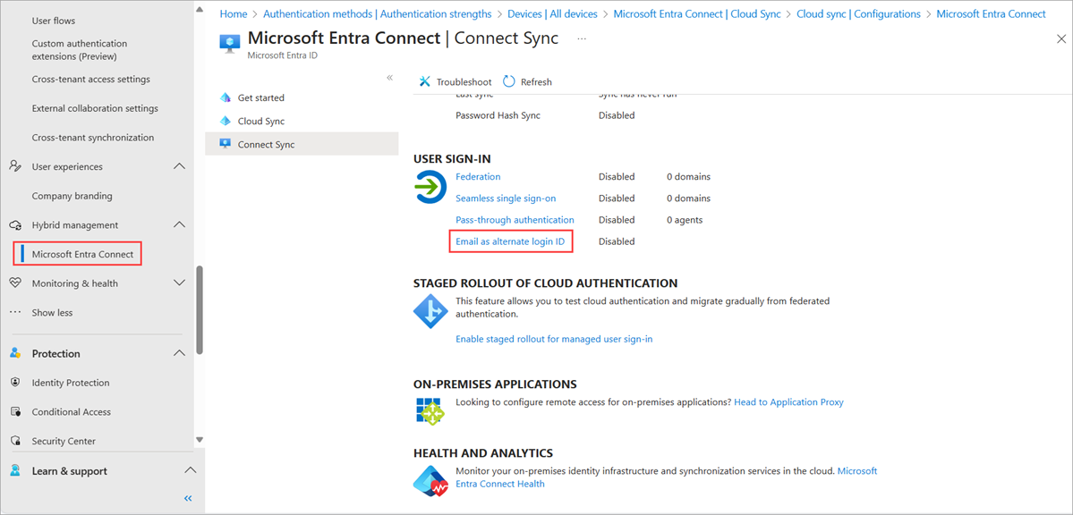 Microsoft Entra 관리 센터의 대체 로그인 ID로 이메일 보내기 옵션 스크린샷