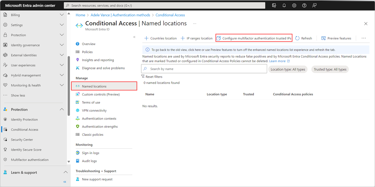 Microsoft Entra 조건부 액세스의 명명된 위치와 MFA 신뢰할 수 있는 IP 구성