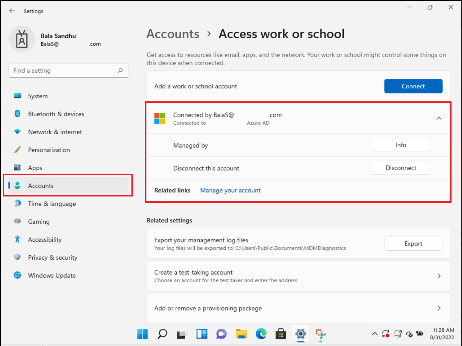 Azure AD에 대한 현재 연결을 보여 주는 Windows 11 설정 앱의 스크린샷.