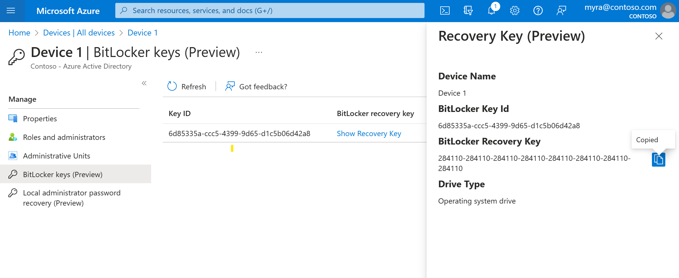 BitLocker 키를 보는 방법을 보여 주는 스크린샷.