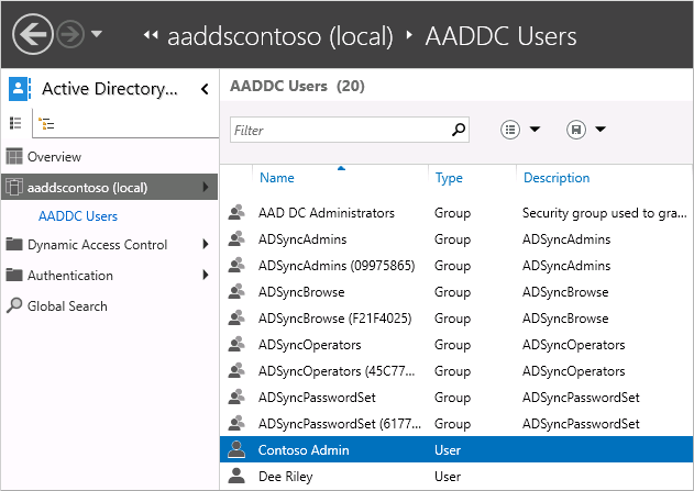 Active Directory 관리 센터에서 Domain Services 도메인 사용자 목록 보기