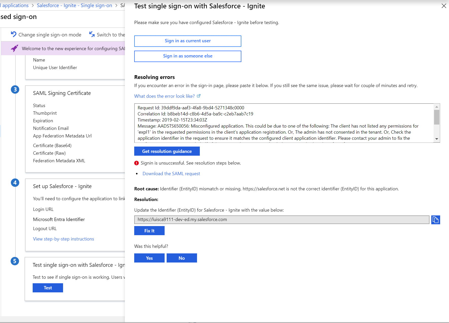 SAML SSO 테스트 페이지를 보여 주는 스크린샷