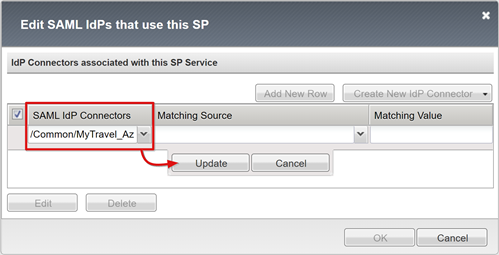 SAML IdP 커넥터 아래 업데이트 옵션의 스크린샷.