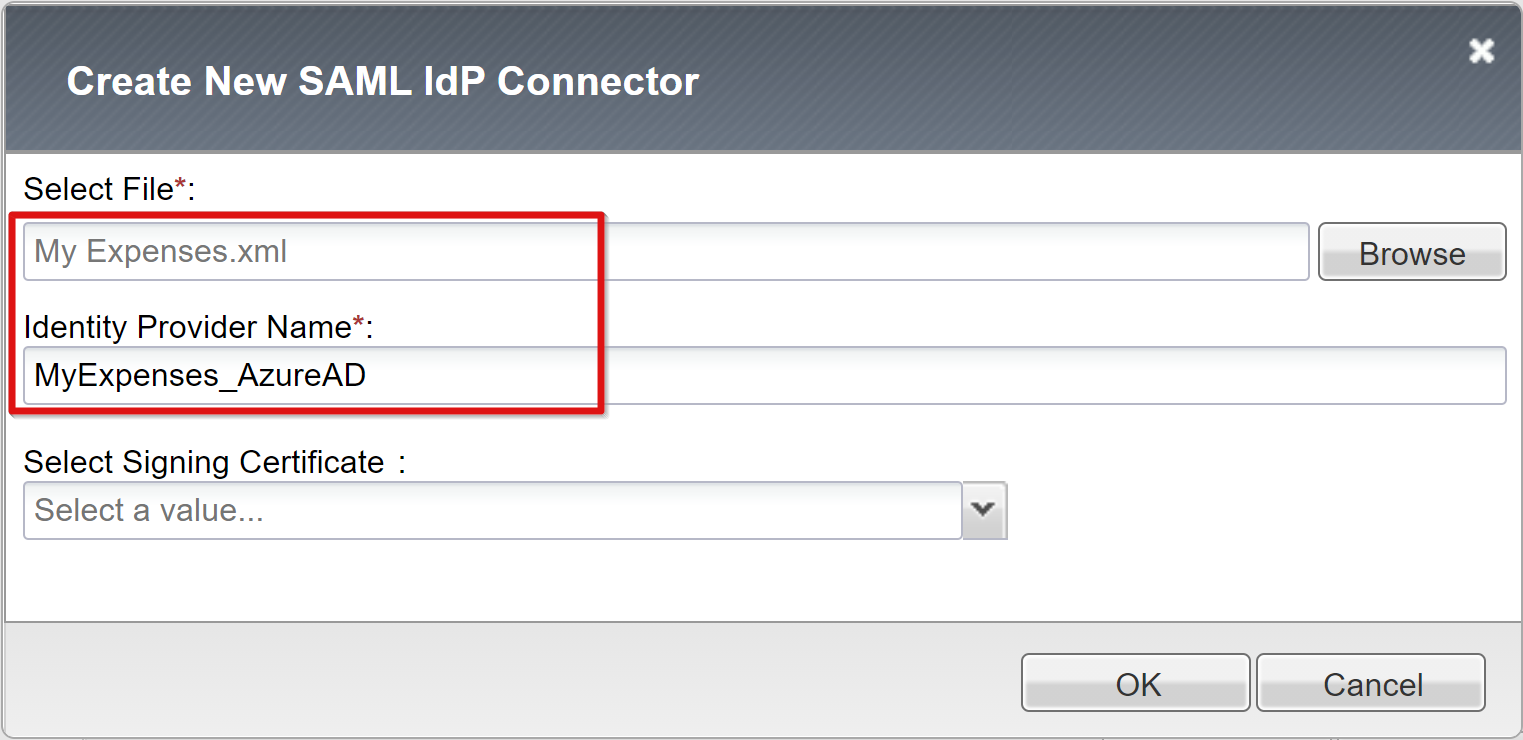 새 IdP SAML 커넥터 만들기의 파일 선택 및 파일 선택 아래에 있는 ID 공급자 이름 항목 스크린샷.