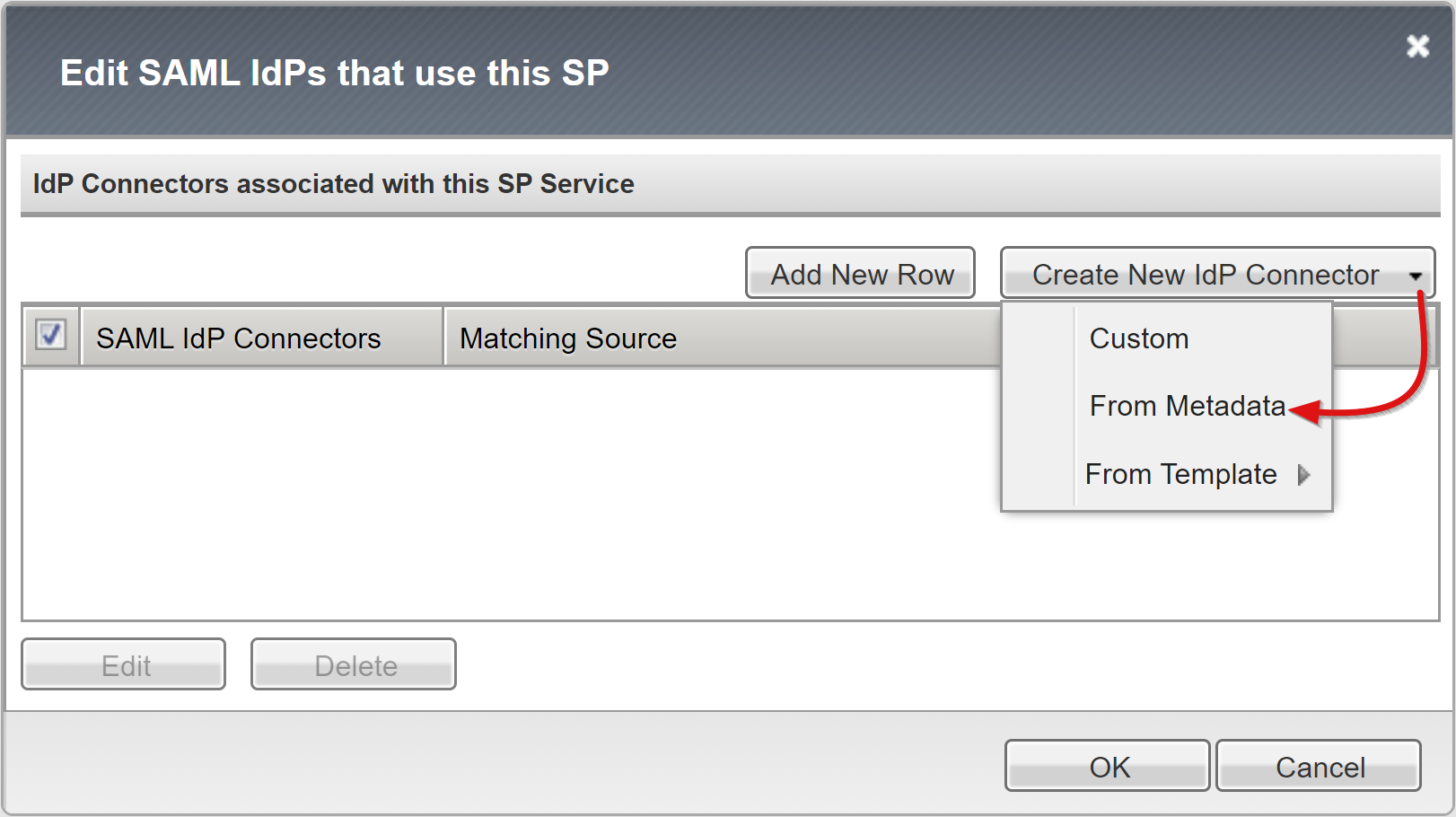 SAML IdP 편집 페이지의 메타데이터에서 옵션의 스크린샷.