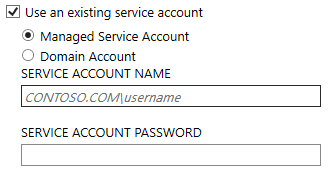 Windows Server에서 관리형 서비스 계정을 선택하는 모습을 보여 주는 스크린샷.