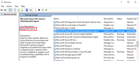 Microsoft Entra Connect 관리자 에이전트 서비스를 다시 시작하는 방법을 보여 주는 스크린샷.