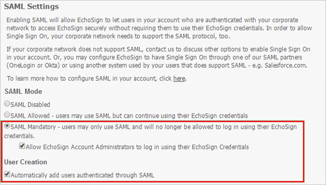 SAML 필수 항목을 포함하여 SAML 설정을 강조 표시하는 스크린샷.