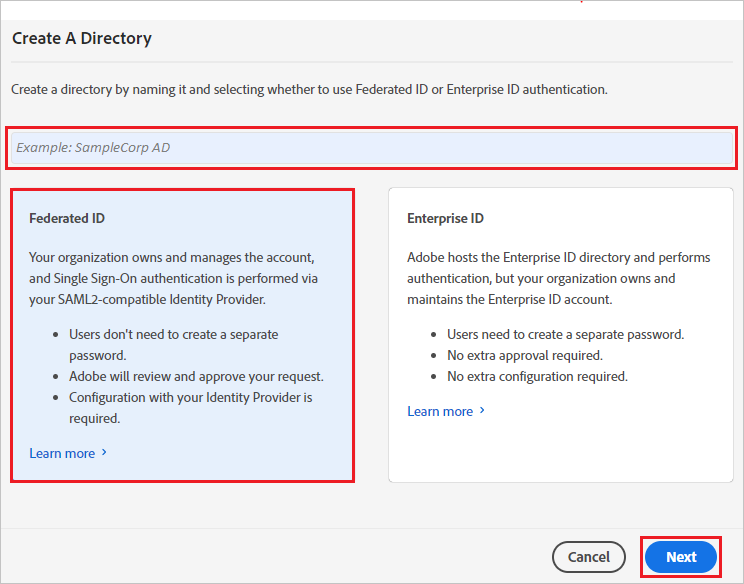 Adobe Identity Management 디렉터리 만들기