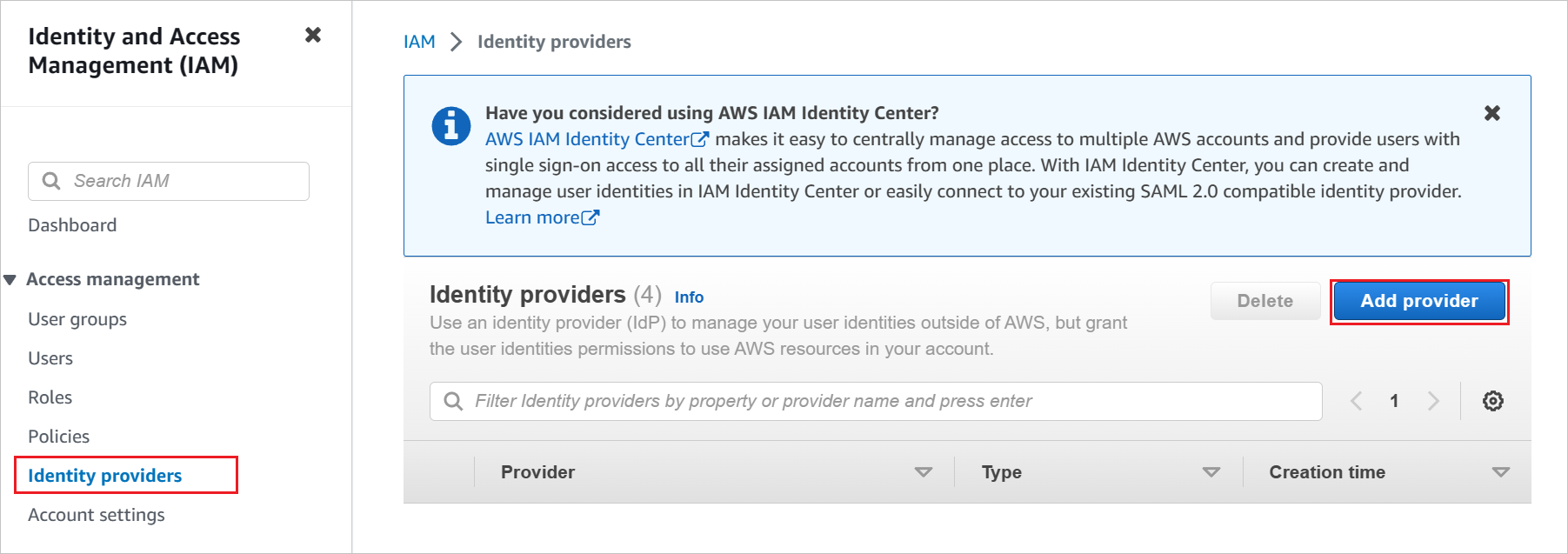 Identity Providers 및 Create Provider가 강조 표시된 IAM 페이지의 스크린샷.