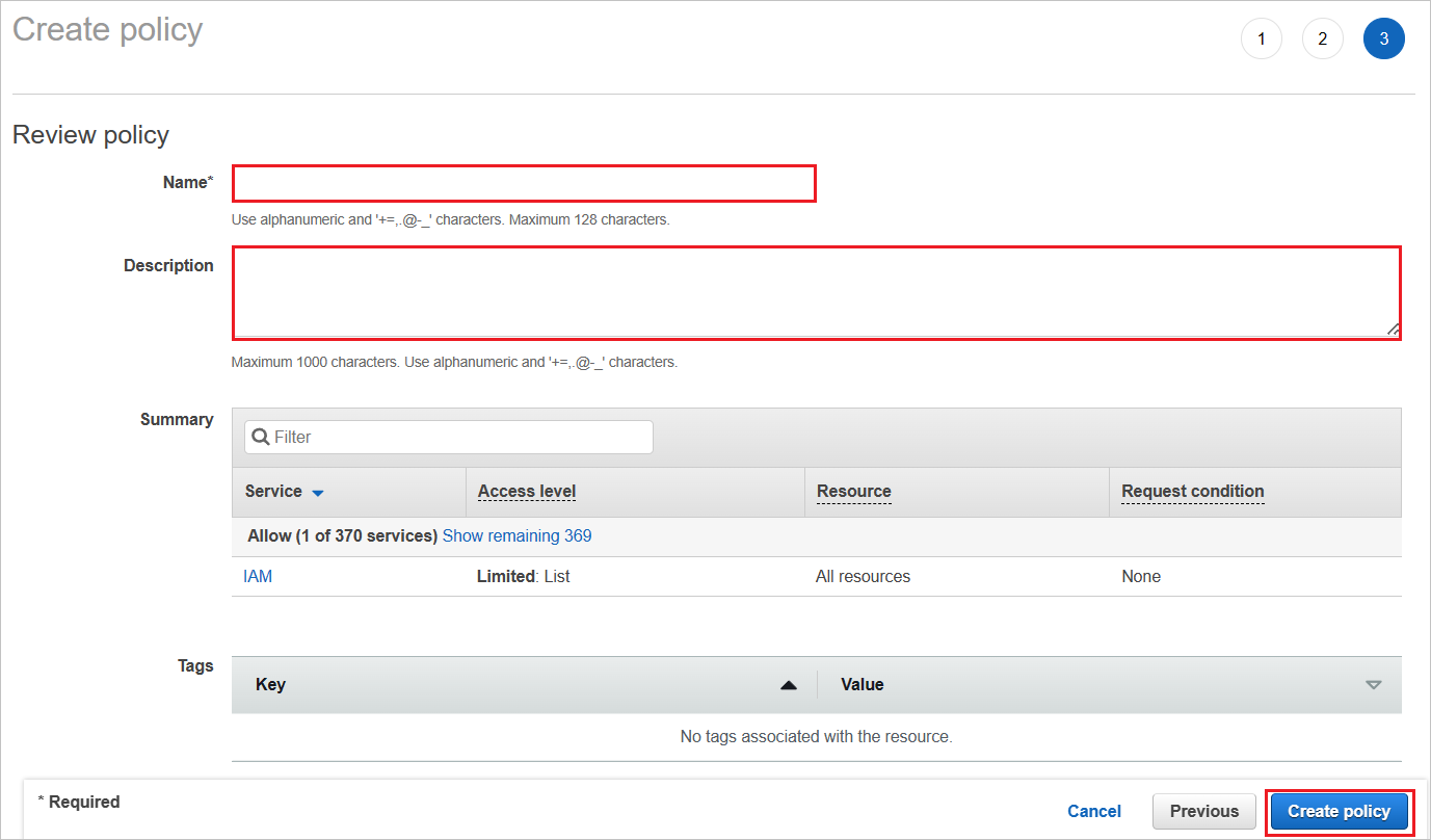Name 및 Description 필드가 강조 표시된 Create policy 페이지의 스크린샷.