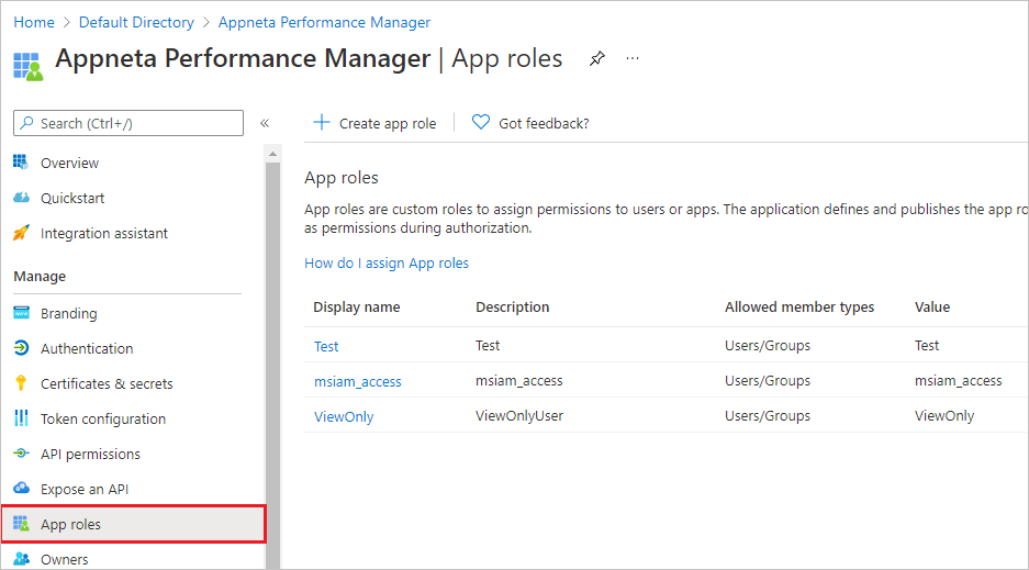 아래쪽에 Appneta Performance Manager가 있는 앱 역할을 보여주는 스크린샷.