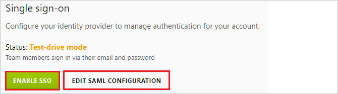 스크린샷은 SSO를 활성화하고 SAML 구성을 편집할 수 있는 Single Sign-On 페이지를 보여줍니다.