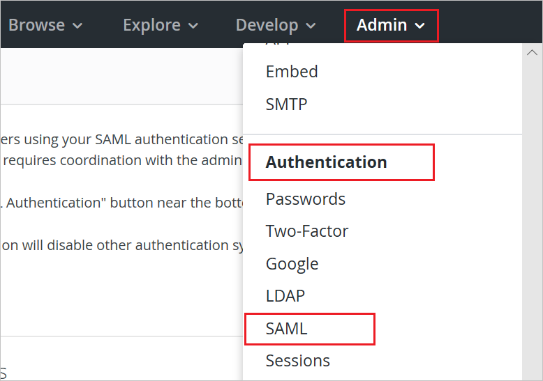 SAML 옵션에 대한 스크린샷