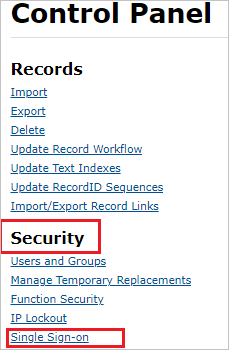 스크린샷은 보안 메뉴에서 선택된 Single Sign On을 보여줍니다.
