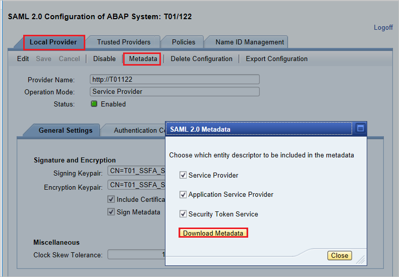 SAML 2.0 메타데이터 SAP 대화 상자의 메타데이터 다운로드 링크