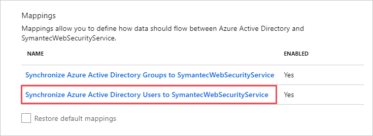 Microsoft Entra 사용자를 Symantec WSS(Web Security Service)에 동기화 옵션이 표시된 매핑 섹션의 스크린샷.