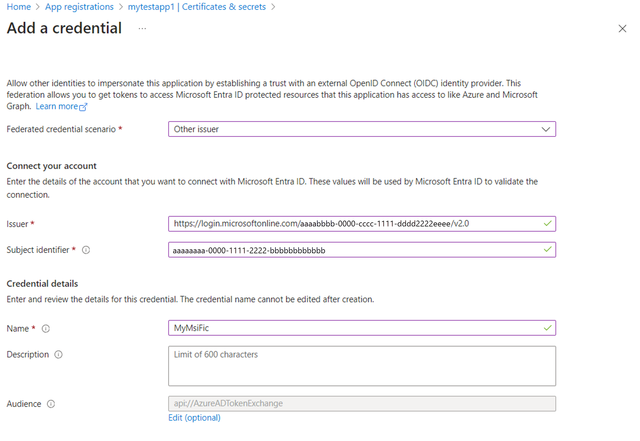 Microsoft Entra 관리 센터의 자격 증명 창 스크린샷