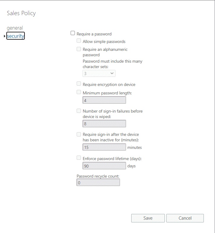 모바일 디바이스 사서함 정책 편집 - 보안 탭.