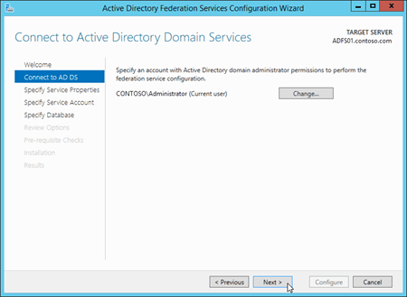 Active Directory Federation Services 구성 마법사의 AD DS에 연결 페이지입니다.