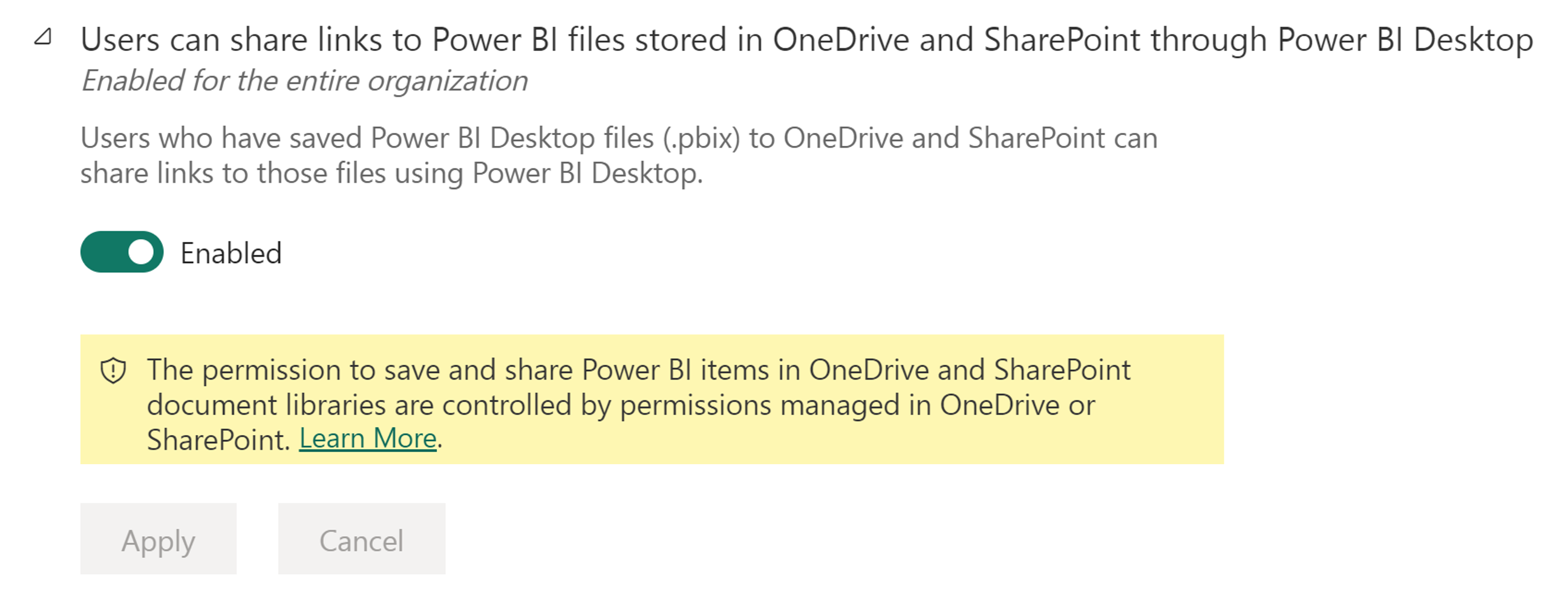 호출된 관리 설정 스크린샷. 사용자는 Power BI Desktop을 통해 OneDrive 및 SharePoint에 저장된 Power BI 파일에 대한 링크를 공유할 수 있습니다.