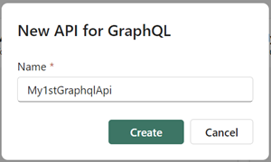 이름을 입력하고 만들기를 선택할 위치를 보여 주는 GraphQL용 새 API 대화 상자의 스크린샷.