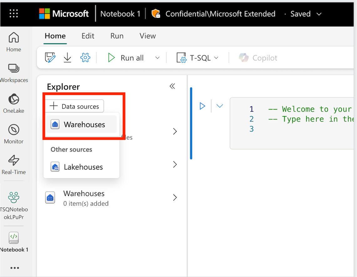 Notebook에 데이터 웨어하우스 또는 sql-endpoint를 추가하는 스크린샷