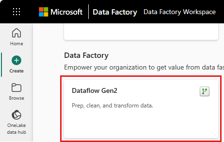 Dataflow Gen2 단추가 강조 표시된 패브릭 만들기 페이지를 보여 주는 스크린샷