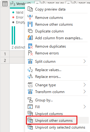 다른 열 피벗 해제가 강조 표시된 VendorID 열의 컨텍스트 메뉴를 보여 주는 스크린샷